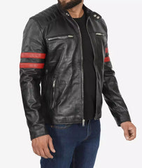 Mens Black Cafe Racer Leather Jacket - Red Striped Biker Jacket