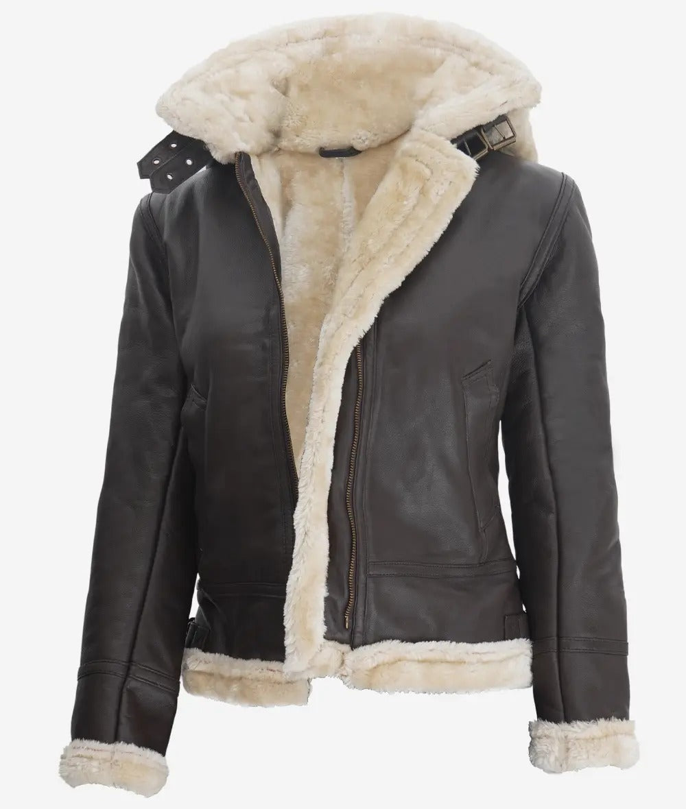 Womens Dark Brown Hooded Shearling Leather Jacket