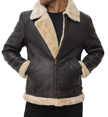 Mens Real Leather Dark Brown Shearling Bomber Jacket