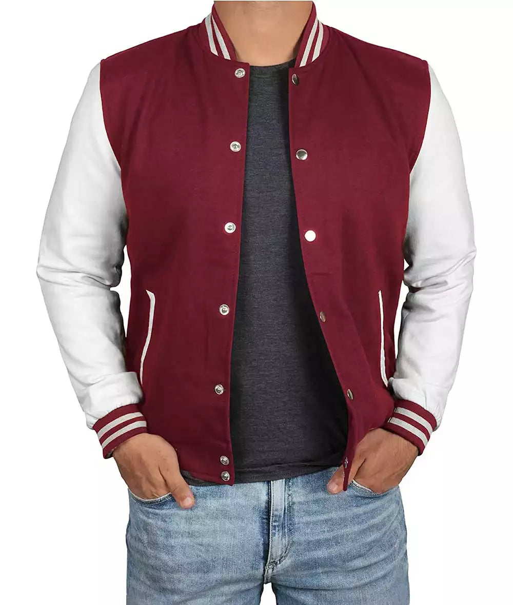 Mens Maroon Varsity Jacket with White Sleeves - Letterman Baseball Style