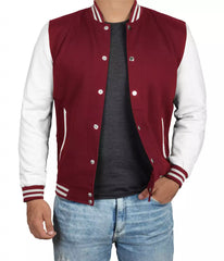 Mens Maroon Varsity Jacket with White Sleeves - Letterman Baseball Style