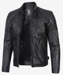 Men's Black Café Racer Leather Jacket with Padded Shoulders