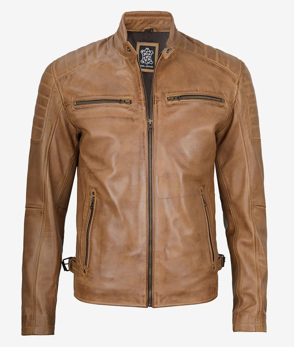 Mens Camel Brown Cafe Racer Leather Jacket