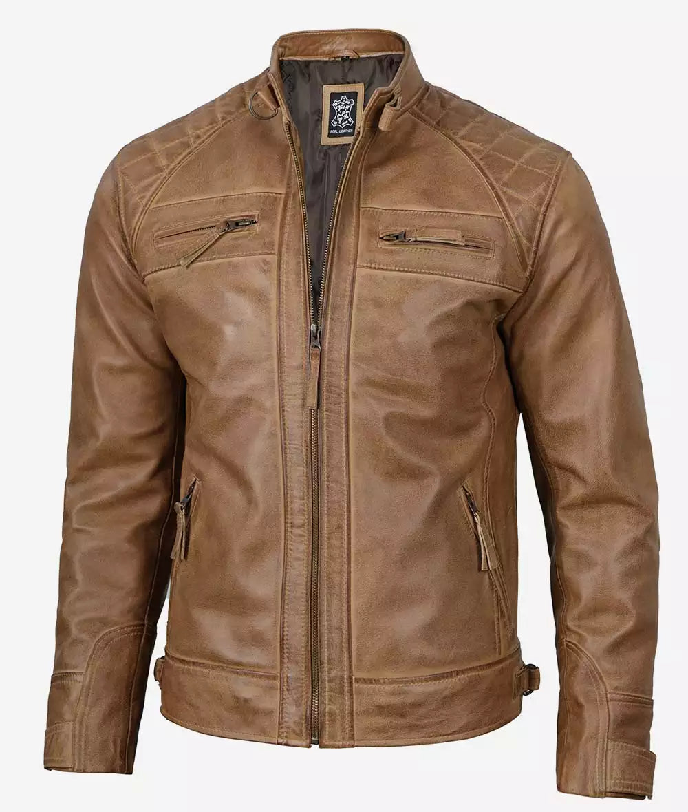 Men's Quilted Shoulder Camel Brown Cafe Racer Leather Jacket