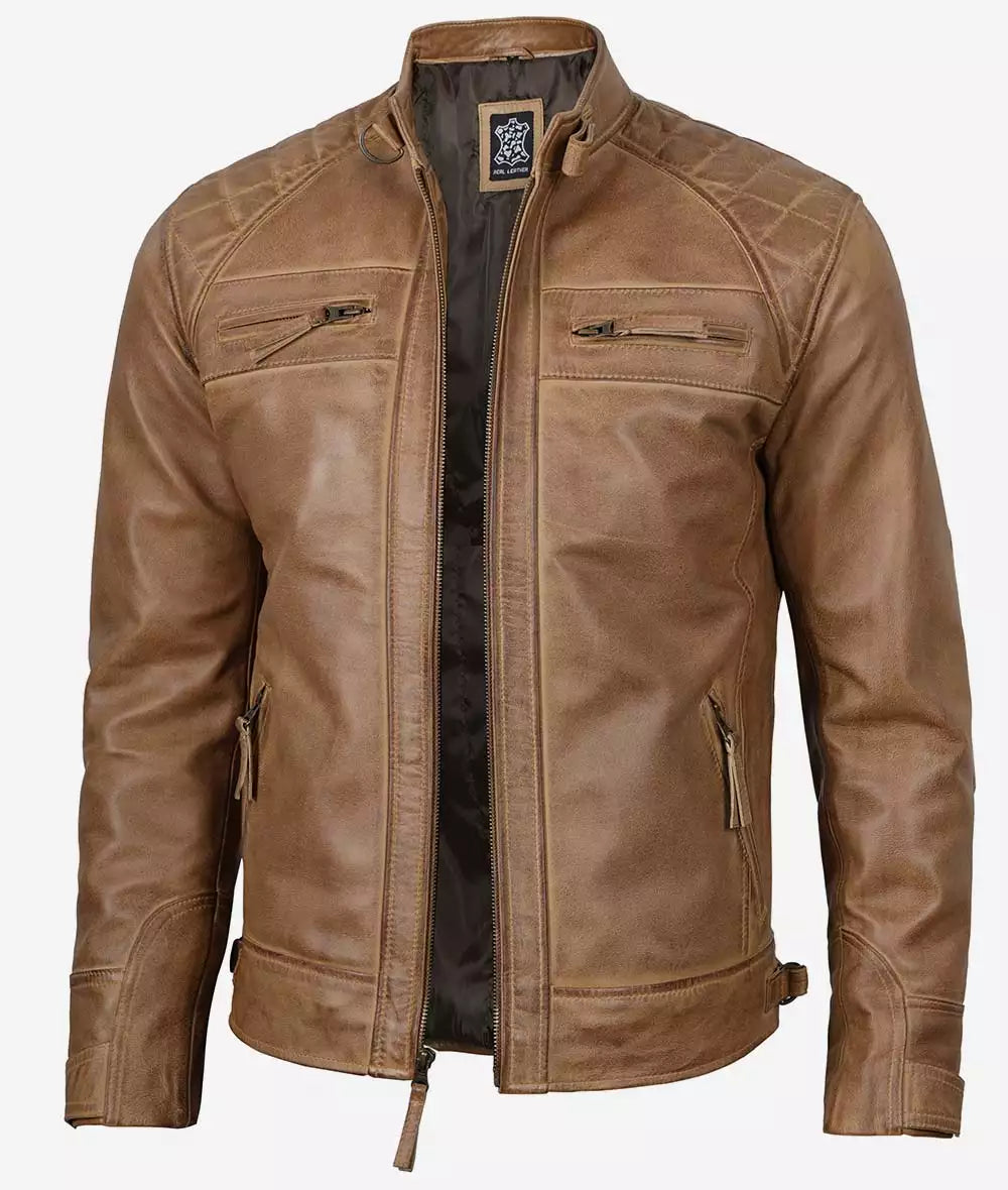 Men's Quilted Shoulder Camel Brown Cafe Racer Leather Jacket