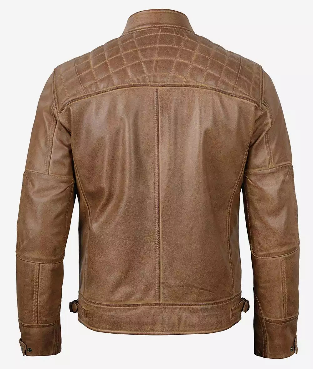 Men's Quilted Shoulder Camel Brown Cafe Racer Leather Jacket