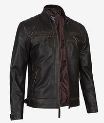 Men's Dark Brown Cafe Racer Leather Jacket - Quilted Shoulders