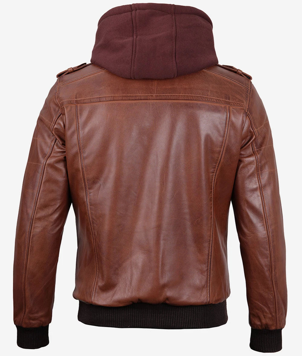 Mens Brown Leather Bomber Jacket With Removable Hood