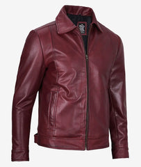 Mens Classic Shirt Collar Maroon Leather Jacket