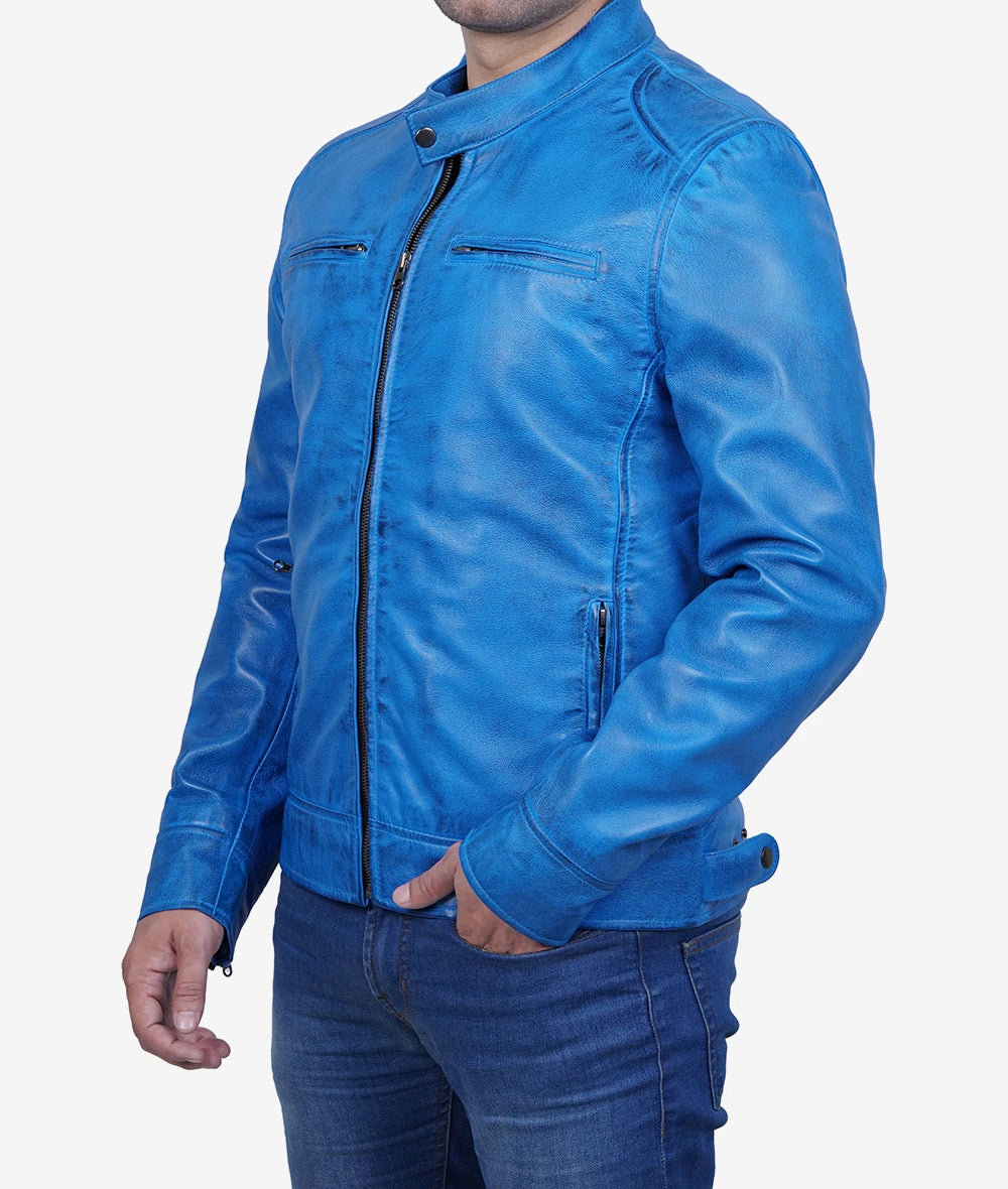 Mens Real Lambskin Leather Blue Cafe Racer Jacket