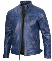 Mens Blue Quilted Shoulder Cafe Racer Leather Jacket