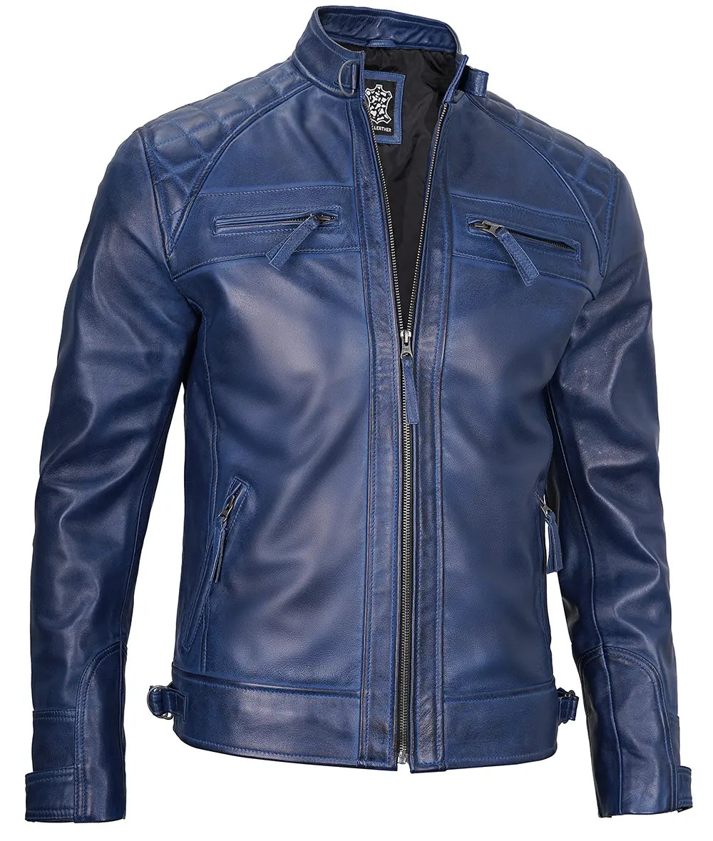 Mens Blue Quilted Shoulder Cafe Racer Leather Jacket