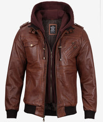 Mens Brown Leather Bomber Jacket With Removable Hood