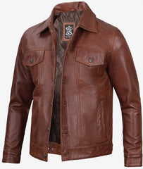 Men's Cognac Trucker Leather Jacket