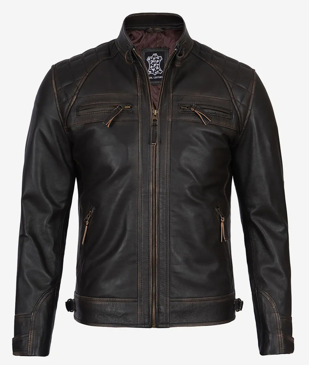 Men's Dark Brown Cafe Racer Leather Jacket - Quilted Shoulder