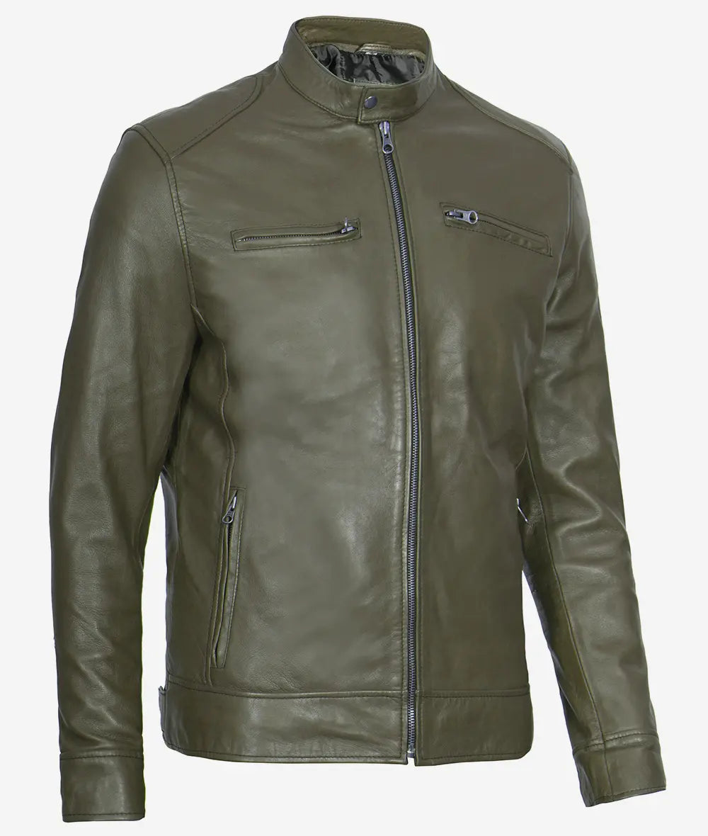 Dodge Military Green Cafe Racer Leather Jacket for Men