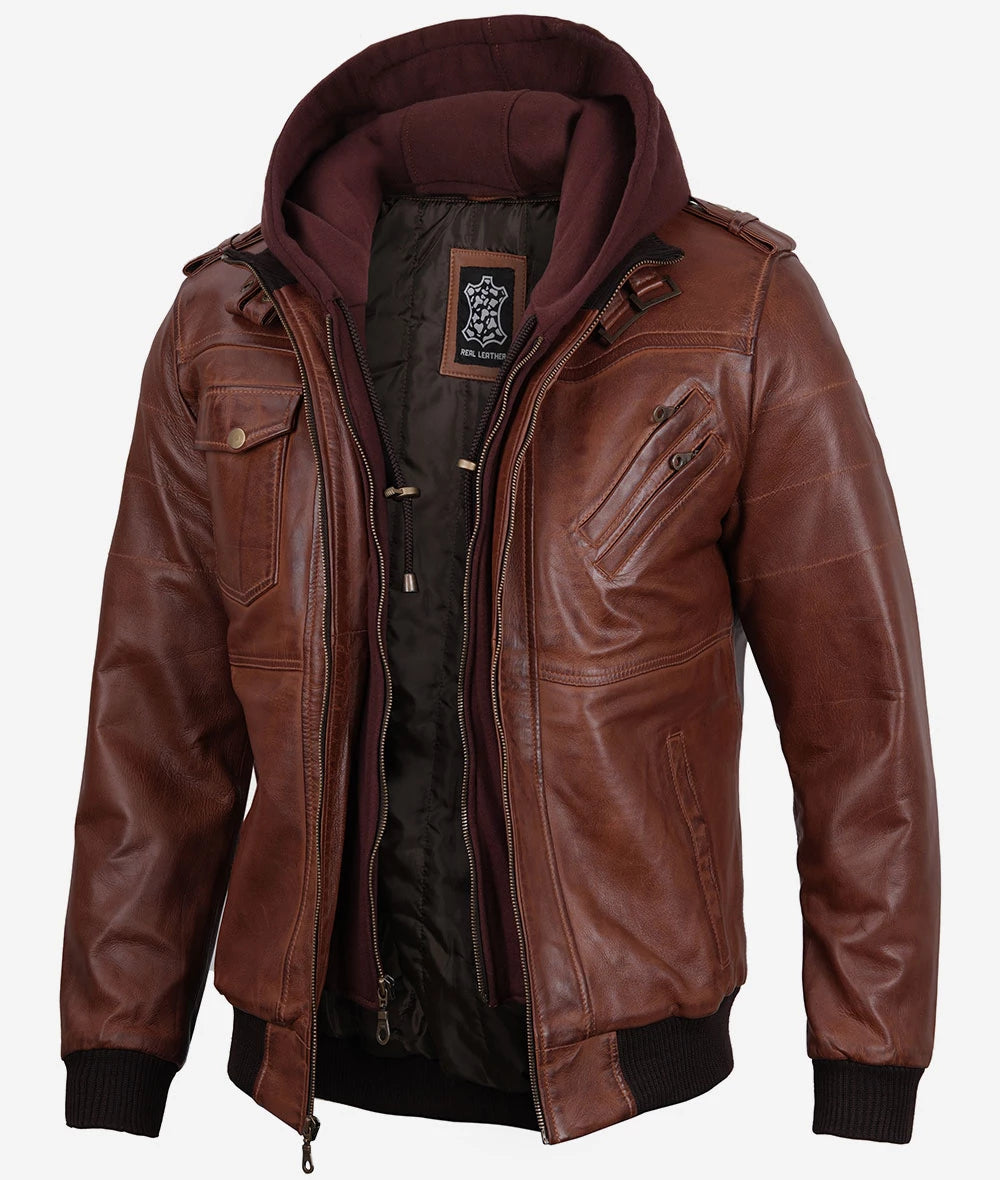 Mens Brown Leather Bomber Jacket With Removable Hood