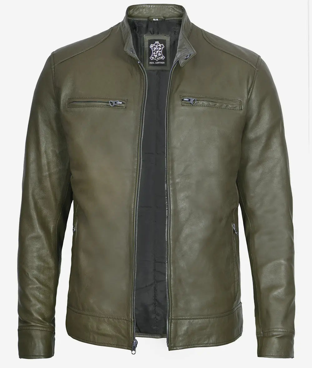 Dodge Military Green Cafe Racer Leather Jacket for Men