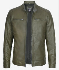 Dodge Military Green Cafe Racer Leather Jacket for Men