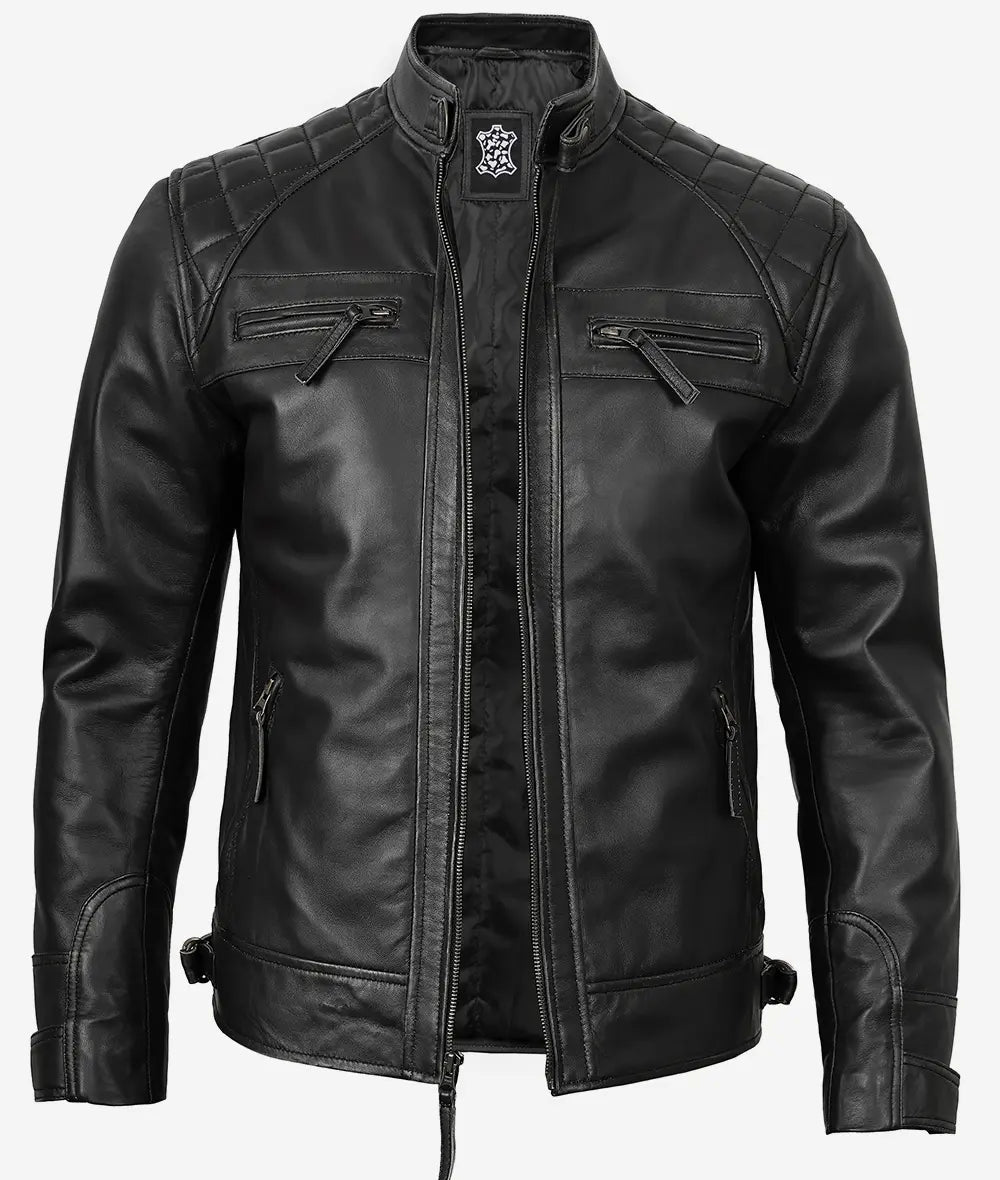 Men's Quilted Shoulder Black Cafe Racer Leather Jacket