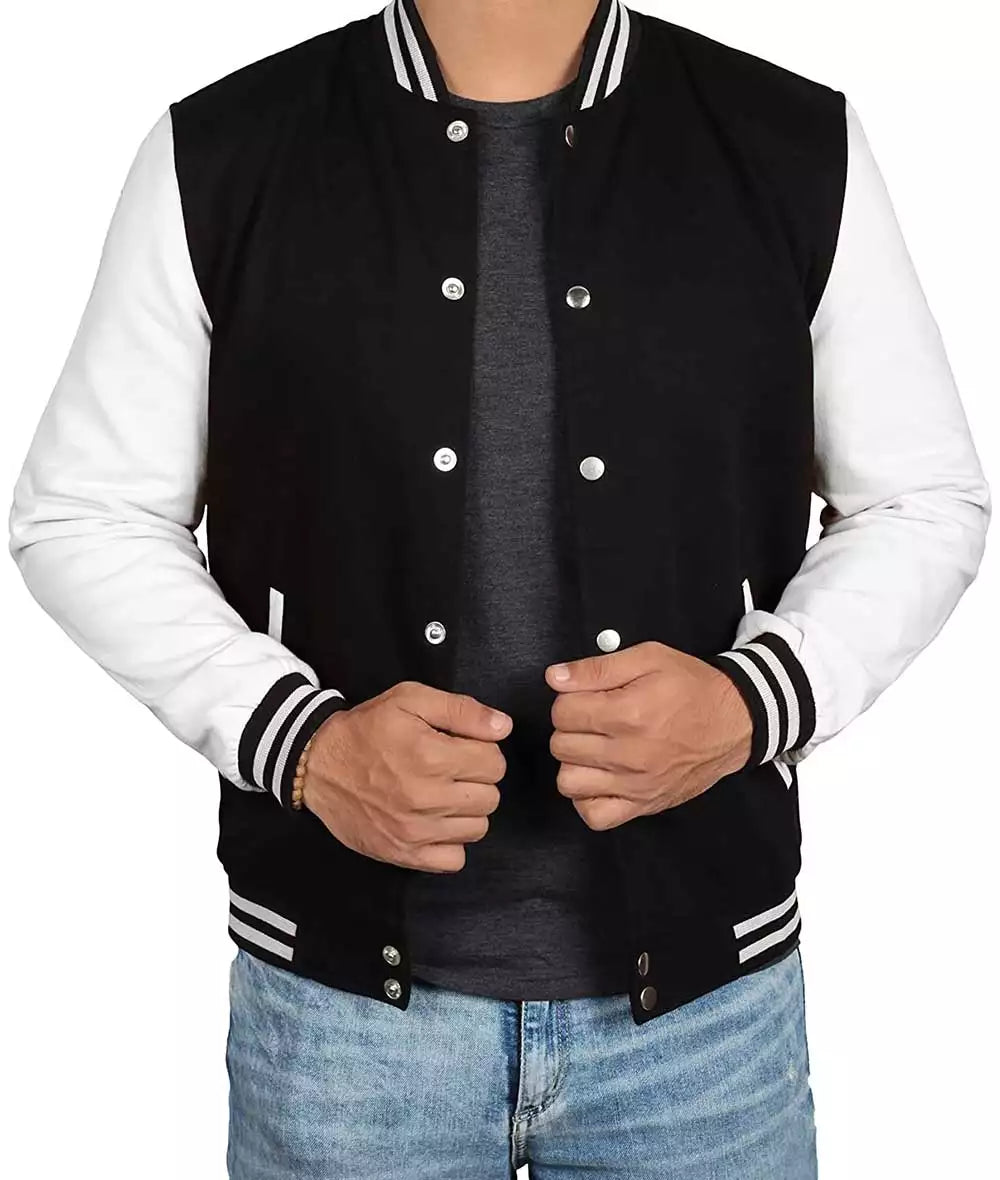 Black and White Men's Letterman Jacket - Baseball Bomber Style