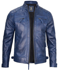 Mens Blue Quilted Shoulder Cafe Racer Leather Jacket