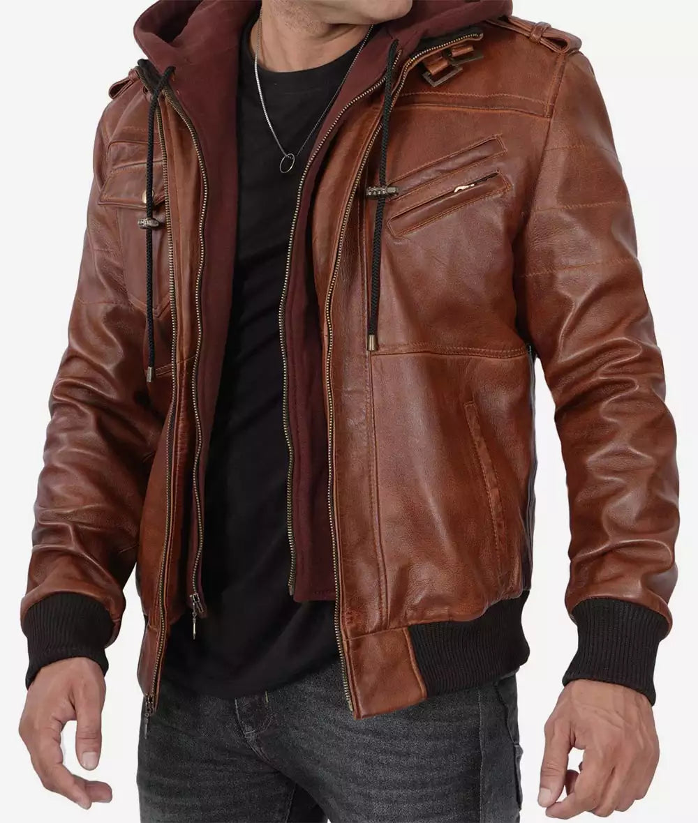 Men's Tall Brown Bomber Hooded Leather Jacket