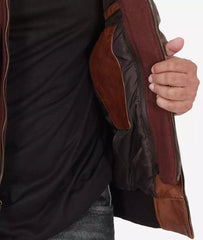 Men's Tall Brown Bomber Hooded Leather Jacket