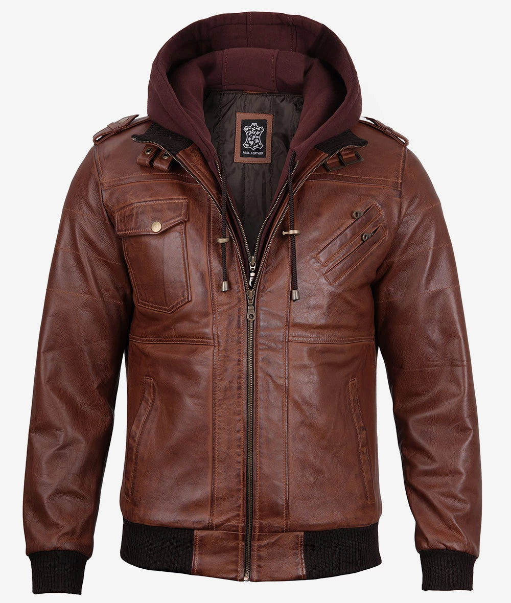 Mens Brown Leather Bomber Jacket With Removable Hood