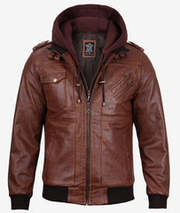 Mens Brown Leather Bomber Jacket With Removable Hood