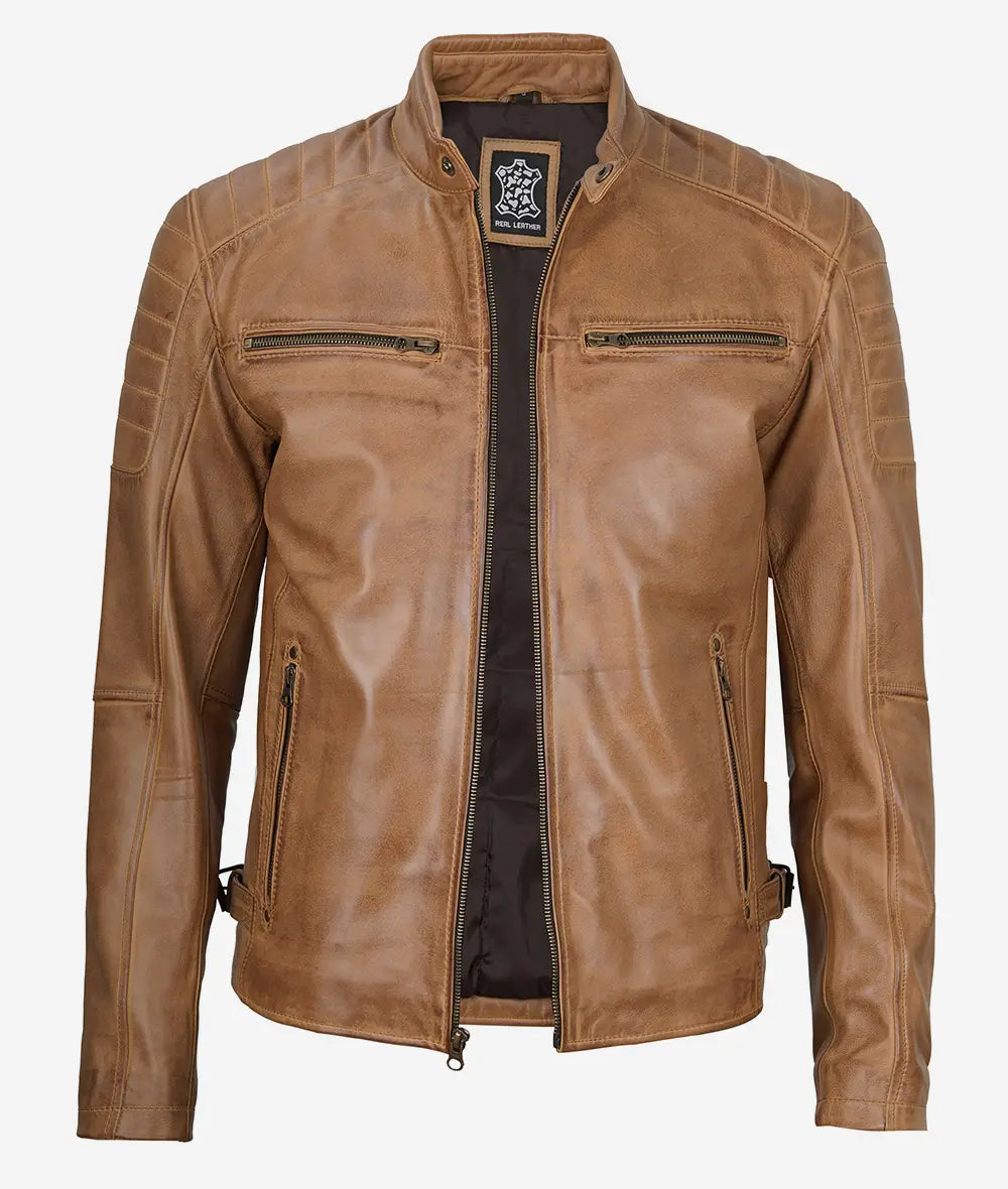 Mens Camel Brown Cafe Racer Leather Jacket