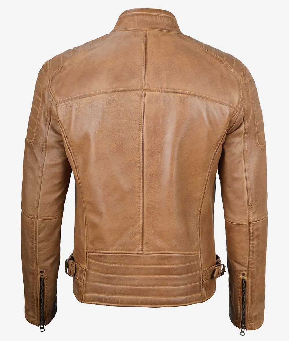 Mens Camel Brown Cafe Racer Leather Jacket