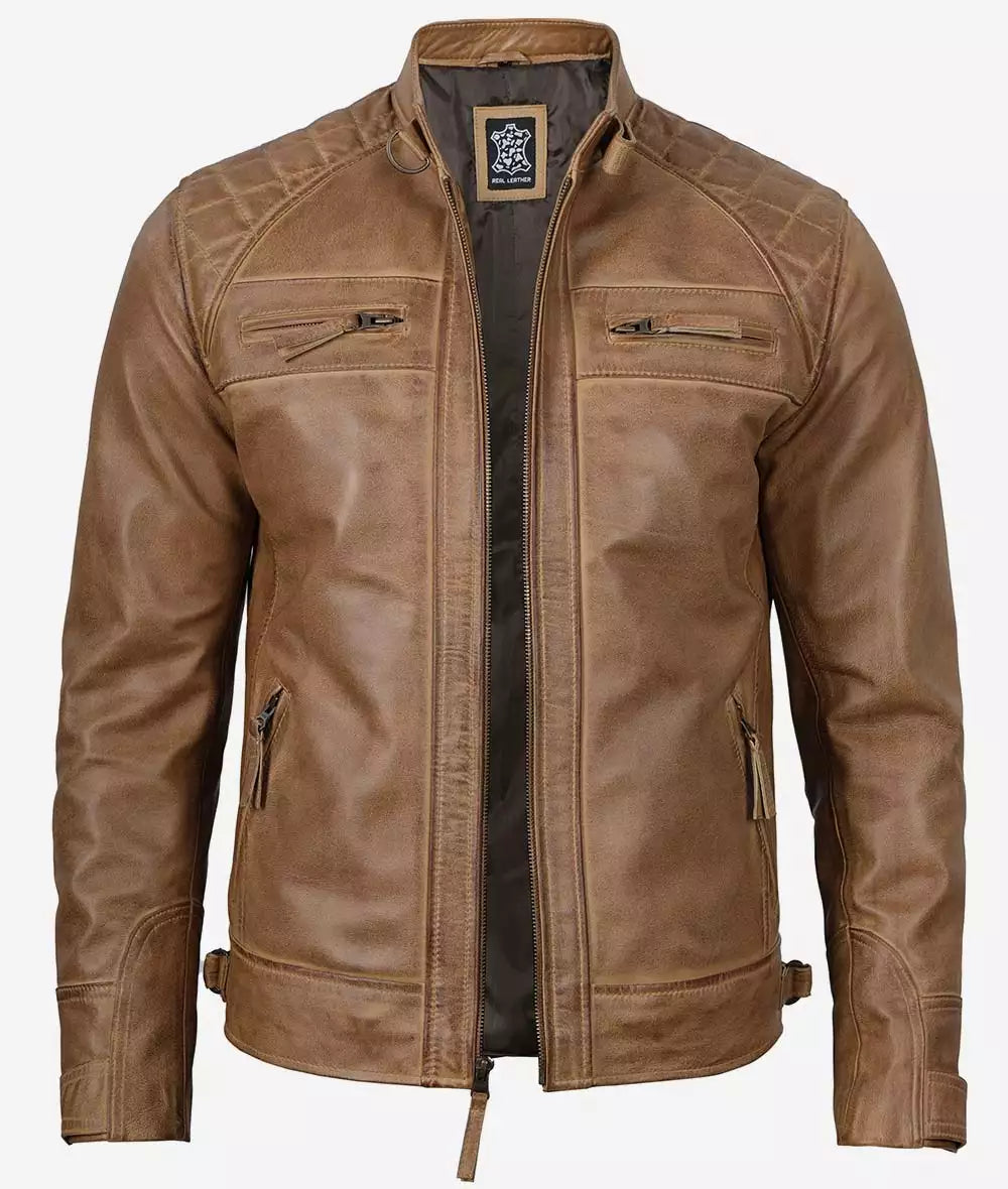 Men's Quilted Shoulder Camel Brown Cafe Racer Leather Jacket