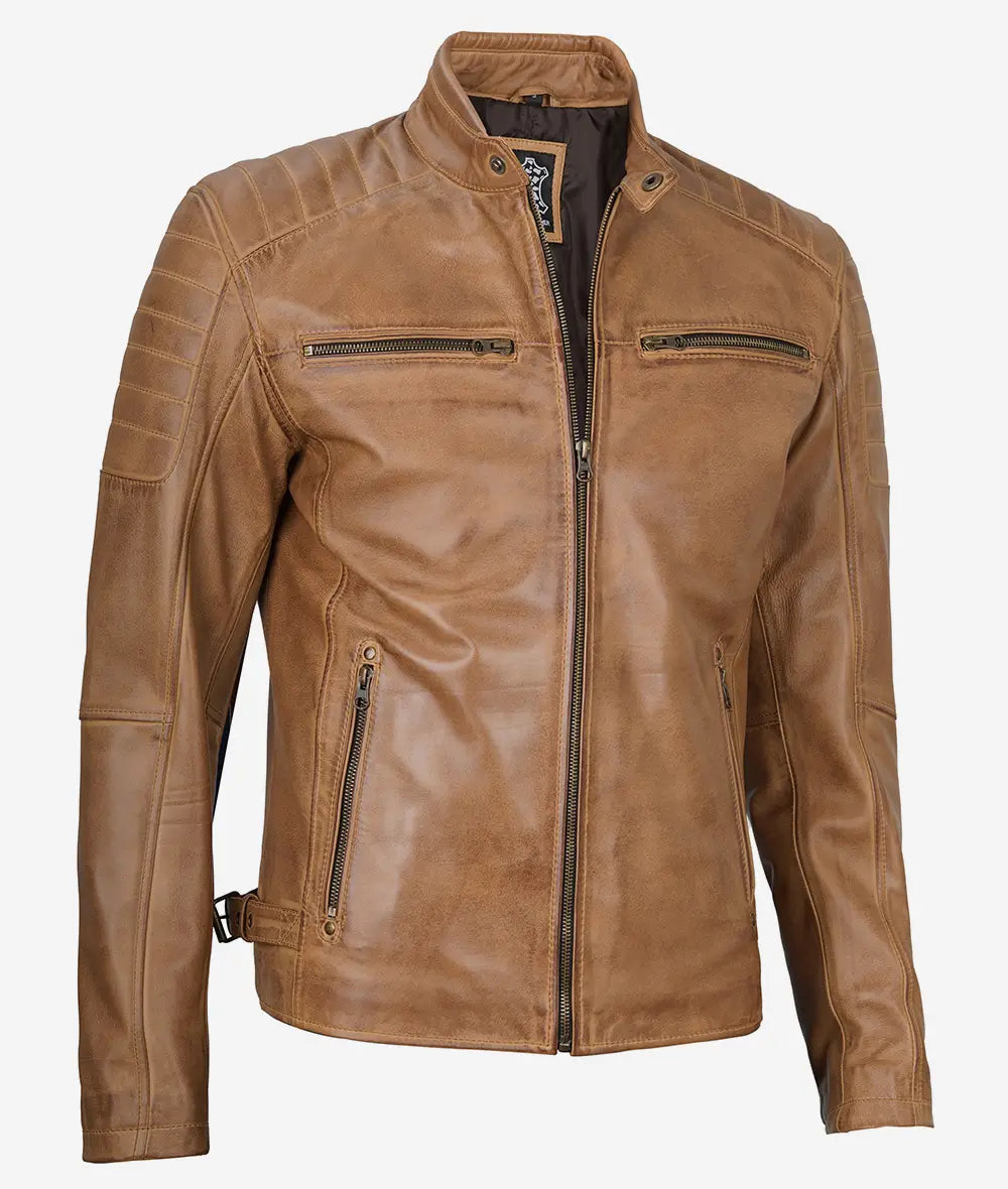 Mens Camel Brown Cafe Racer Leather Jacket