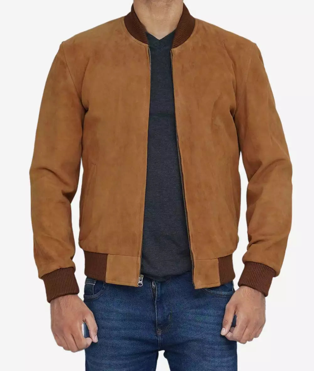 Men's Light Brown Suede Bomber Jacket