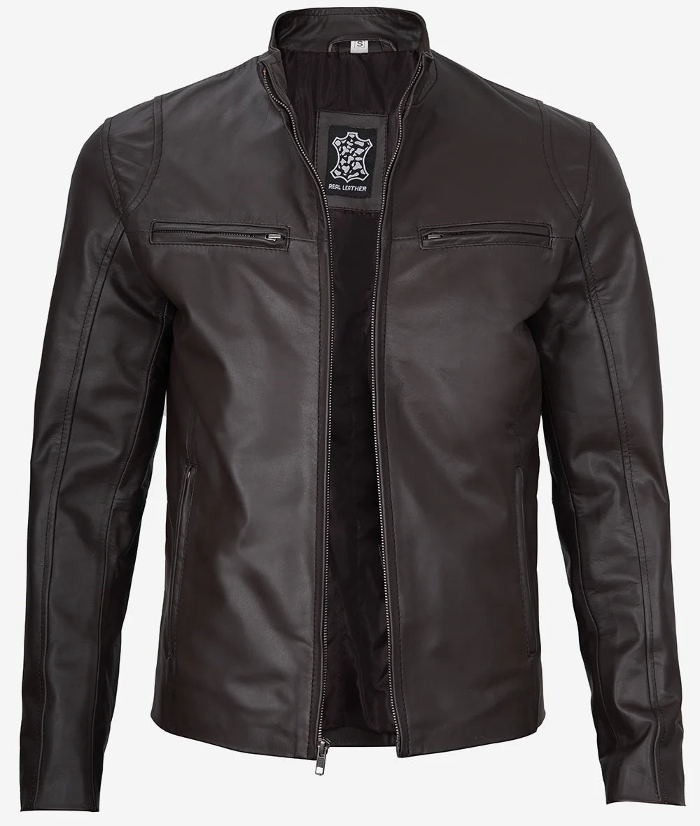 Mens Classic Dark Brown Cafe Racer Leather Jacket