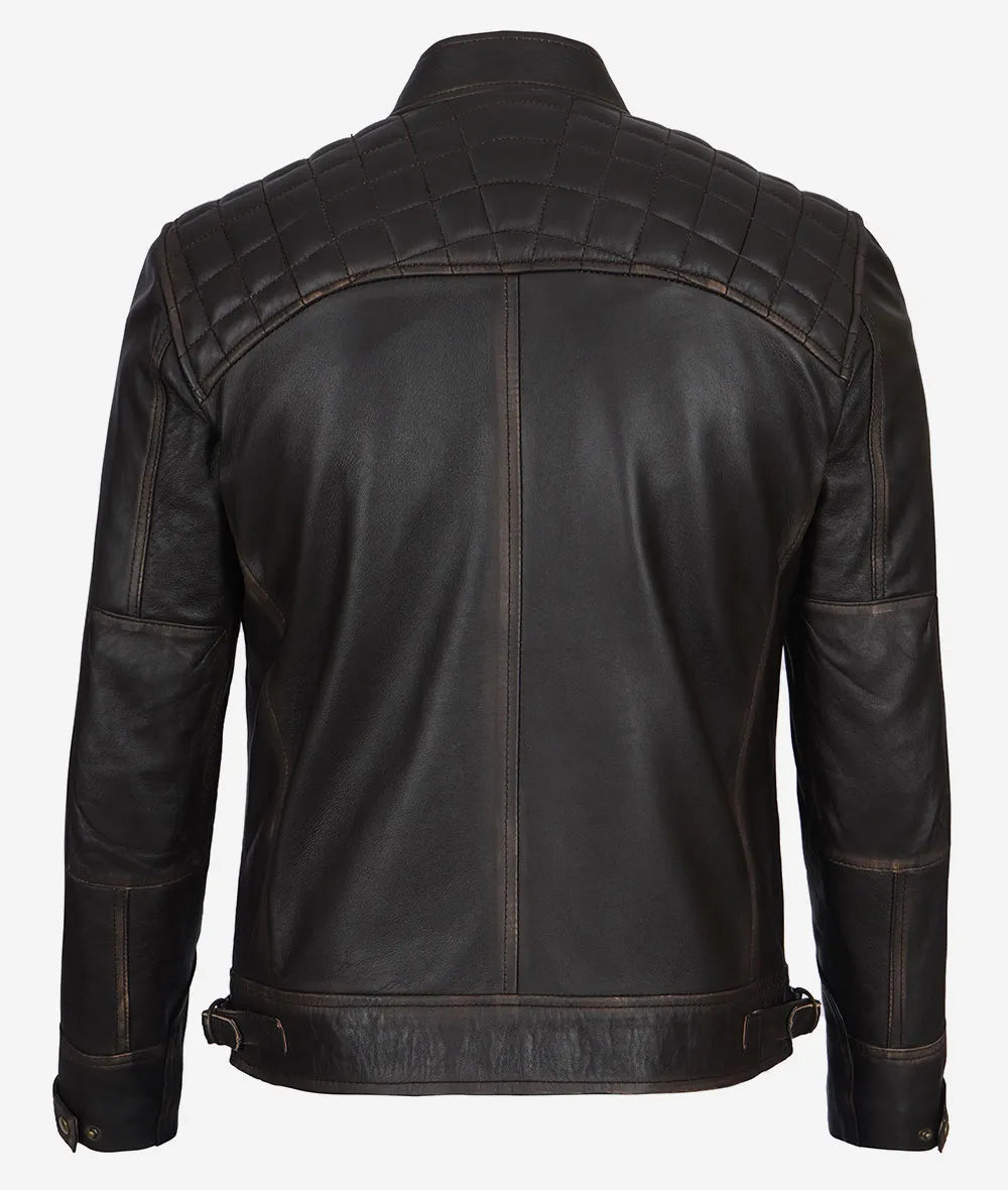 Men's Dark Brown Cafe Racer Leather Jacket - Quilted Shoulders