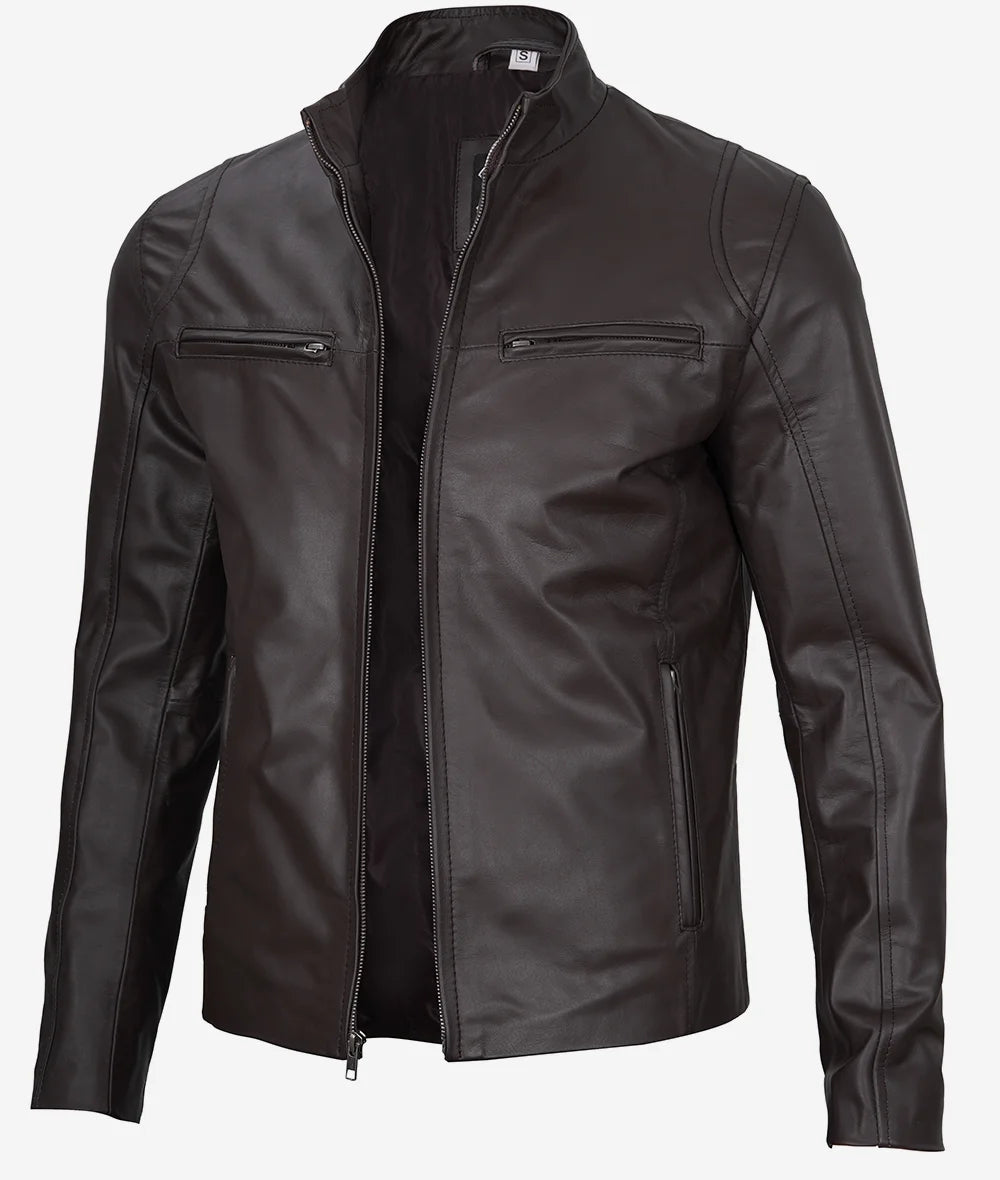 Mens Classic Dark Brown Cafe Racer Leather Jacket