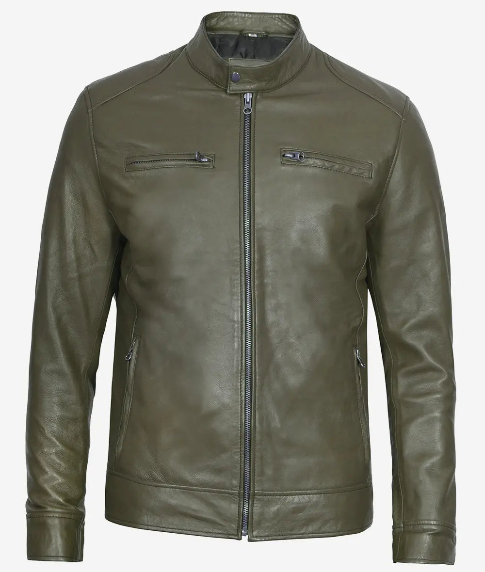 Dodge Military Green Cafe Racer Leather Jacket for Men