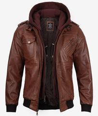 Mens Brown Leather Bomber Jacket With Removable Hood