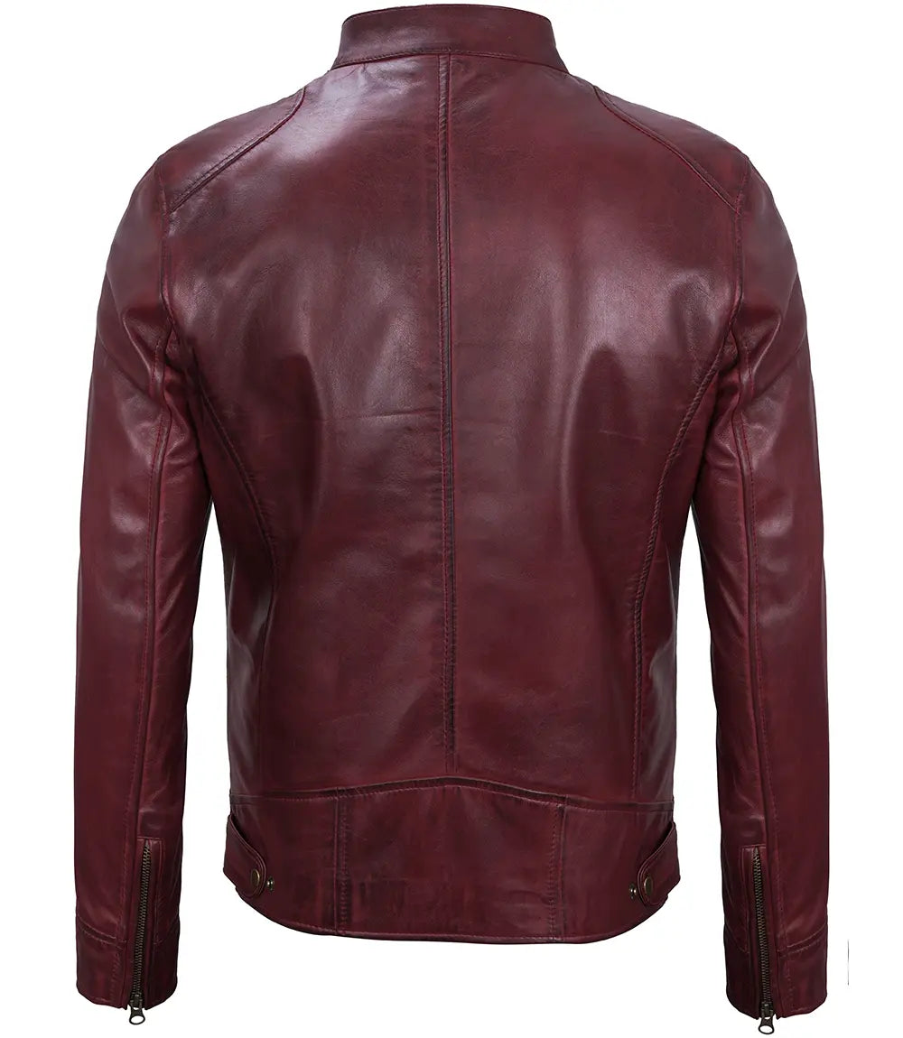 Dodge Men's Maroon Cafe Racer Premium Lambskin Leather Jacket