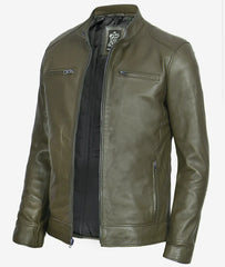 Dodge Military Green Cafe Racer Leather Jacket for Men