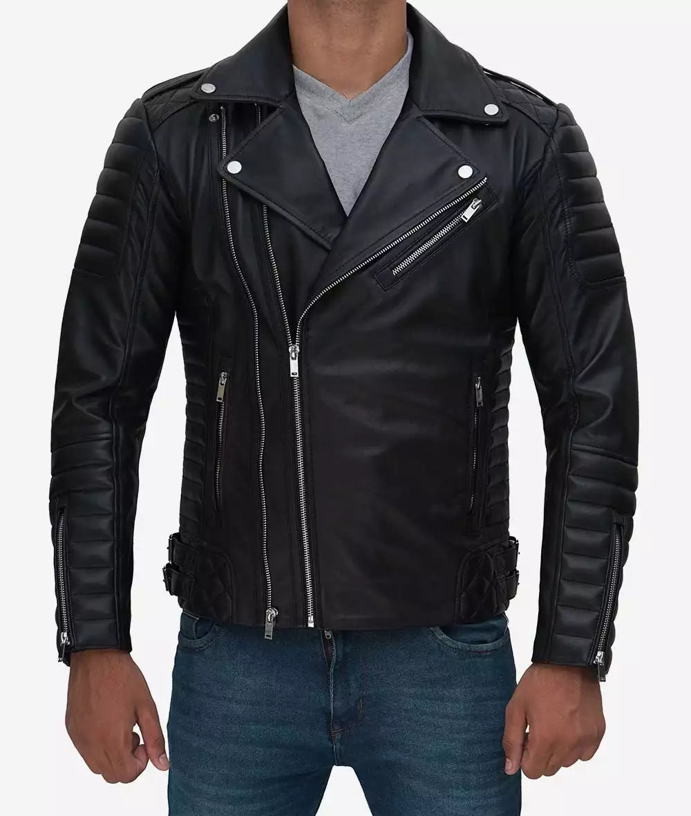 Mens Black Motorcycle Leather Biker Jacket