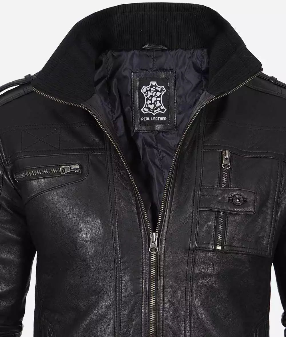 Men's Black Washed Leather Biker Jacket