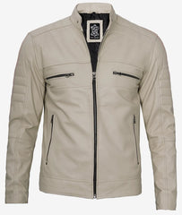 Mens Beige Cafe Racer Leather Jacket