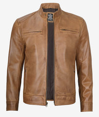 Mens Camel Brown Cafe Racer Leather Jacket