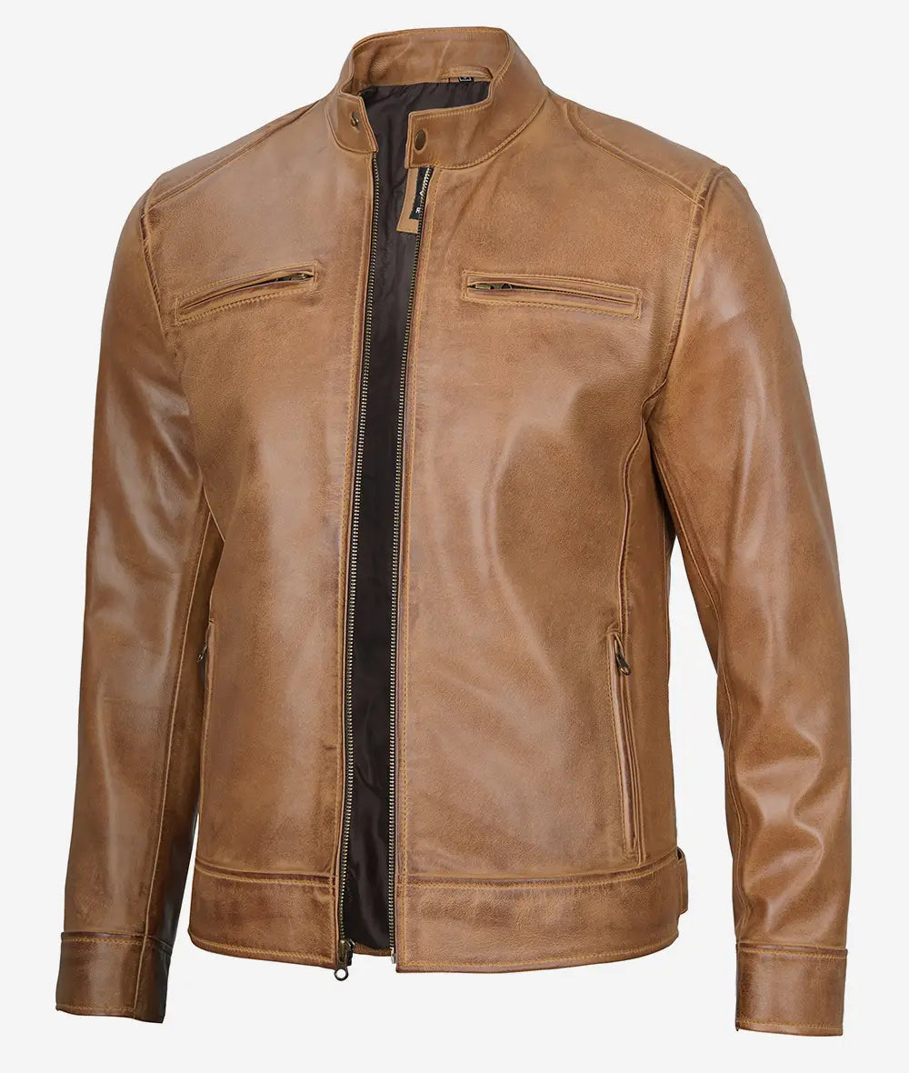 Mens Camel Brown Cafe Racer Leather Jacket