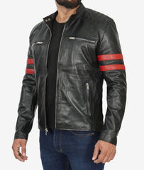 Mens Black Cafe Racer Leather Jacket - Red Striped Biker Jacket