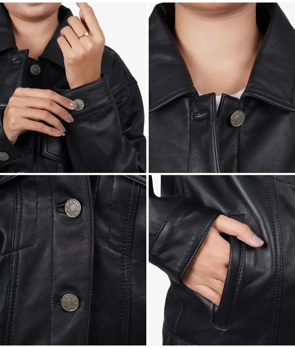 Womens Black Lambskin Leather Oversized Trucker Jacket