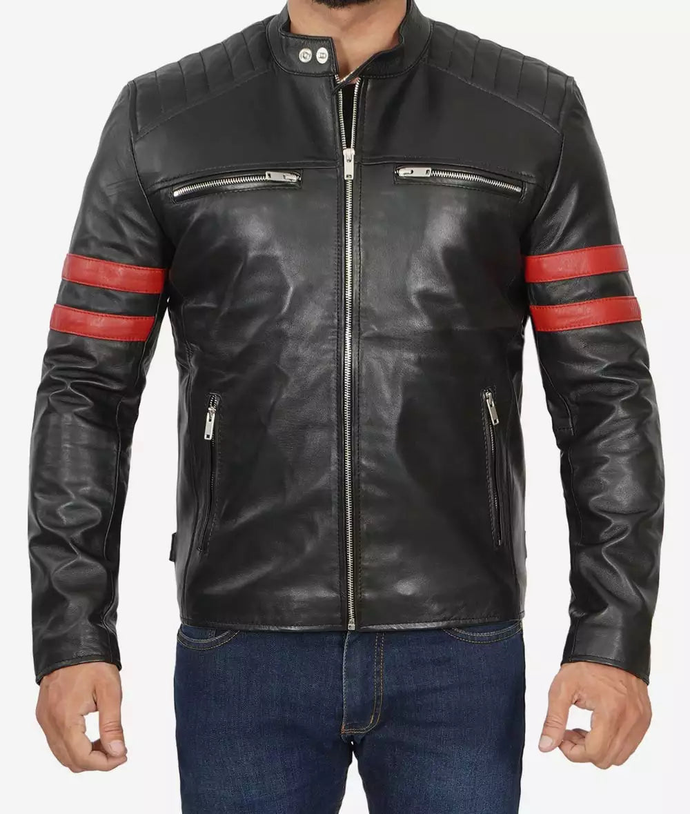 Mens Black Cafe Racer Leather Jacket - Red Striped Biker Jacket